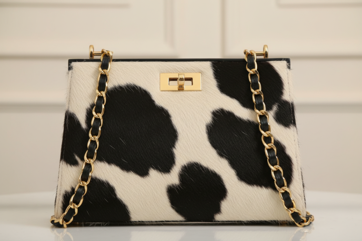 cow print purse with realistic fur